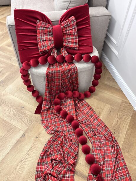 Fundiță mare de decor two bows rosu carouri / brad din catifea